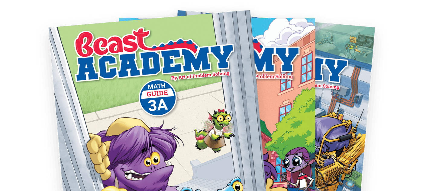 Display of three Beast Academy math comic-book-style textbooks for elementary school